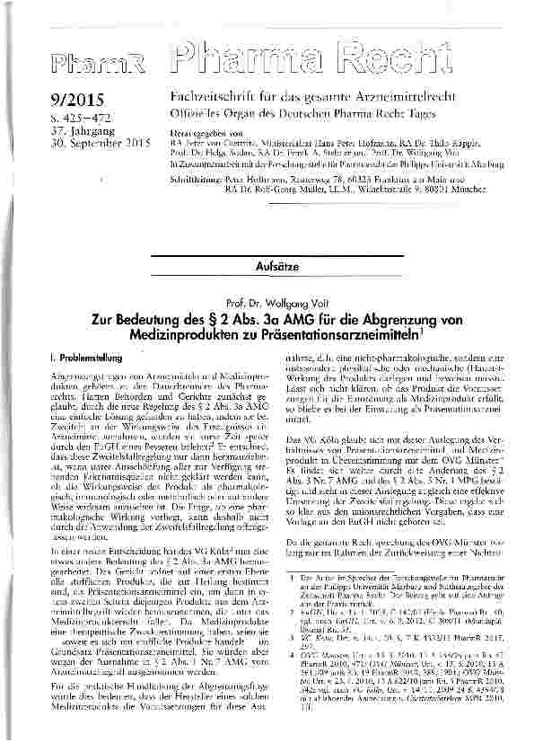 Vorschauseite 1: Zur Bedeutung des § 2 Abs. 3a AMG für die Abgrenzung von Medizinprodukten zu Präsentationsarzneimitteln