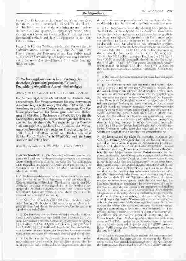 Vorschauseite 1: Verfassungsbeschwerde bzgl. Geltung des deutschen Arzneimittelpreisrechts für Deutschland eingeführte Arzneimittel erfolglos