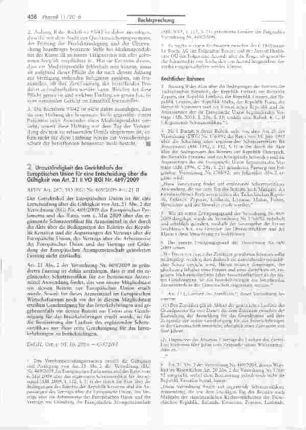 Vorschauseite 1: Unzuständigkeit des Gerichtshofs der Europäischen Union für eine Entscheidung über die Gültigkeit von Art. 21 II VO (EG) Nr. 469/2009