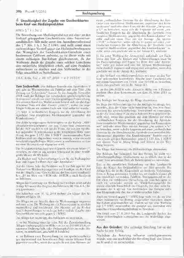 Vorschauseite 1: Unzulässigkeit der Zugabe von Geschenkkarten beim Kauf von Medizinprodukten