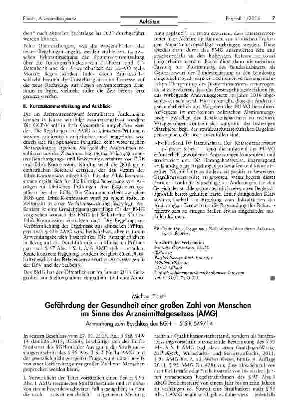 Vorschauseite 1: Gefährdung der Gesundheit einer großen Zahl von Menschen im Sinne des Arzneimittelgesetzes (AMG) Anmerkung zum Beschluss des BGH - 5 StR 549/14