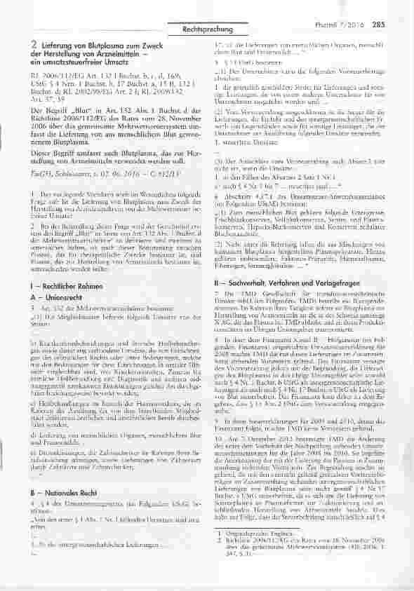 Vorschauseite 1: Lieferung von Blutplasma zum Zweck der Herstellung von Arzneimitteln - ein umsatzsteuerfreier Umsatz