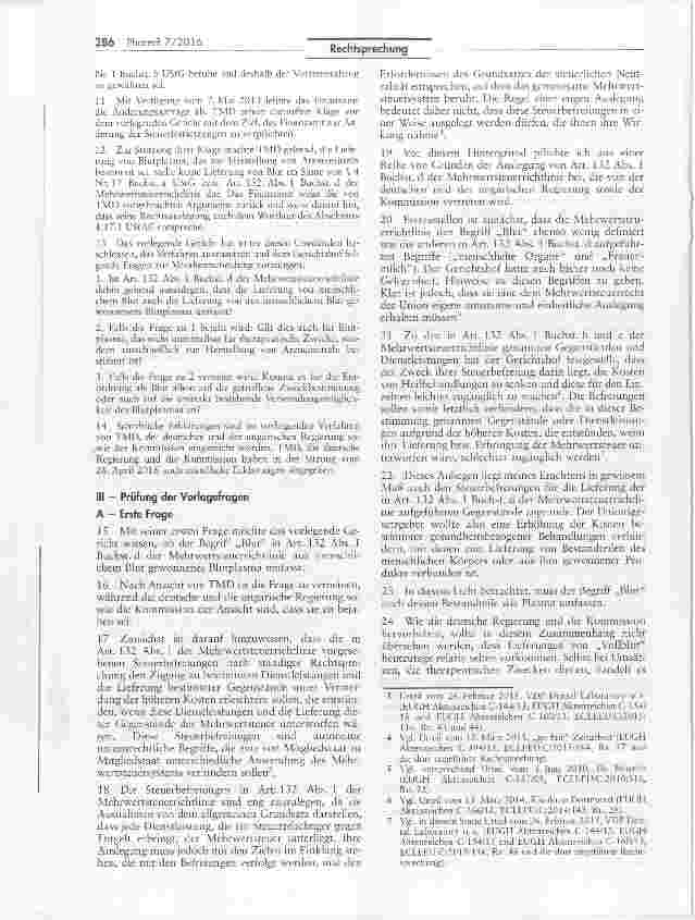 Vorschauseite 2: Lieferung von Blutplasma zum Zweck der Herstellung von Arzneimitteln - ein umsatzsteuerfreier Umsatz