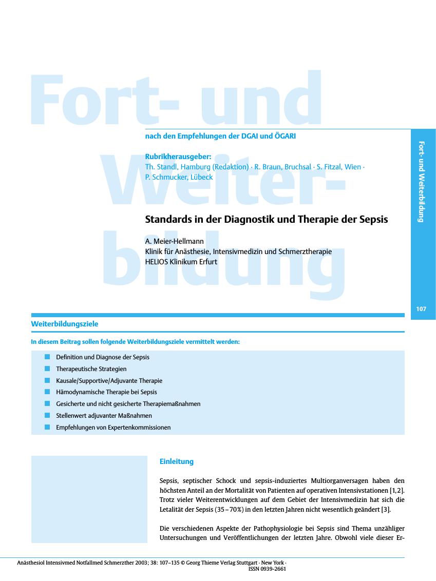 Vorschauseite 1: Standards in der Diagnostik und Therapie der Sepsis