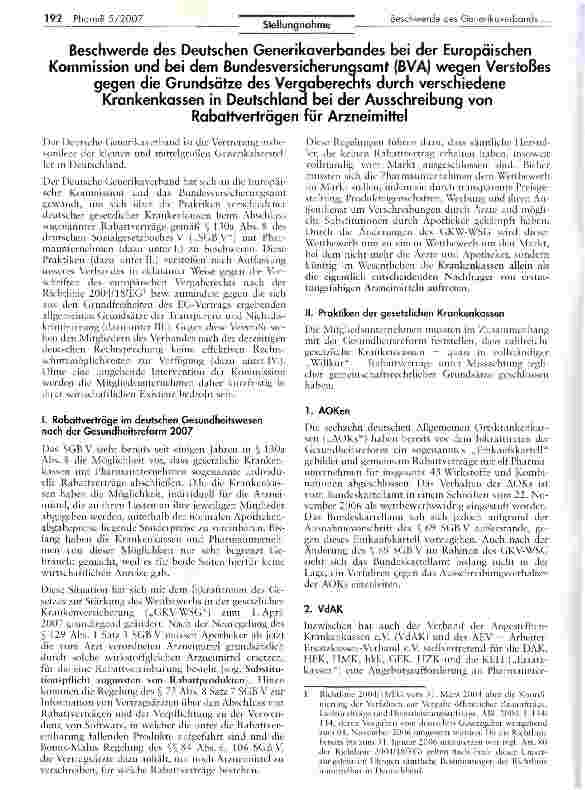 Vorschauseite 1: Beschwerde des Deutschen Generikaverbandes bei der Europäischen Kommission und bei dem Bundesversicherungsamt (BVA) wegen Verstoßesgegen die Grundsätze des Verqaberecnts durch ver…