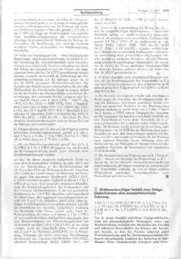 Vorschauseite 1: Wettbewerbswidriger Vertrieb eines Ginkgobiloba-Extraktes ohne arzneimittelrechtlicheZulassung