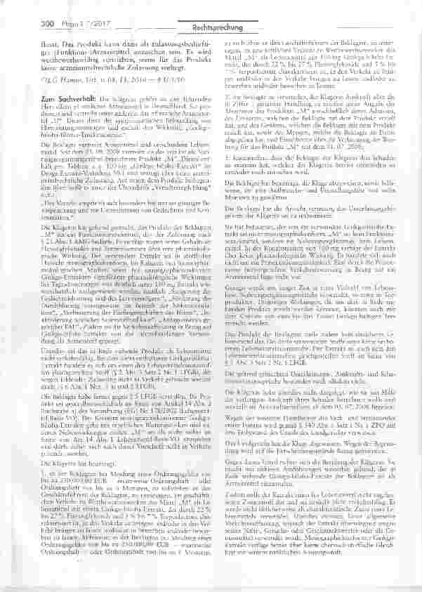 Vorschauseite 2: Wettbewerbswidriger Vertrieb eines Ginkgobiloba-Extraktes ohne arzneimittelrechtlicheZulassung