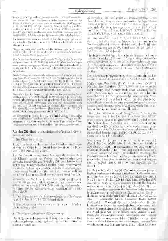 Vorschauseite 3: Wettbewerbswidriger Vertrieb eines Ginkgobiloba-Extraktes ohne arzneimittelrechtlicheZulassung