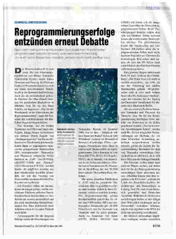 Vorschauseite 1: Reprogrammierungserfolge entzünden erneut Debatte