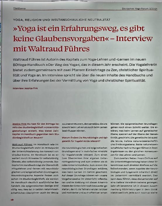 Vorschauseite 1: "Yoga ist ein Erfahrungsweg, es gibt keine Glaubensvorgaben" - Interview mit Waltraud Führes