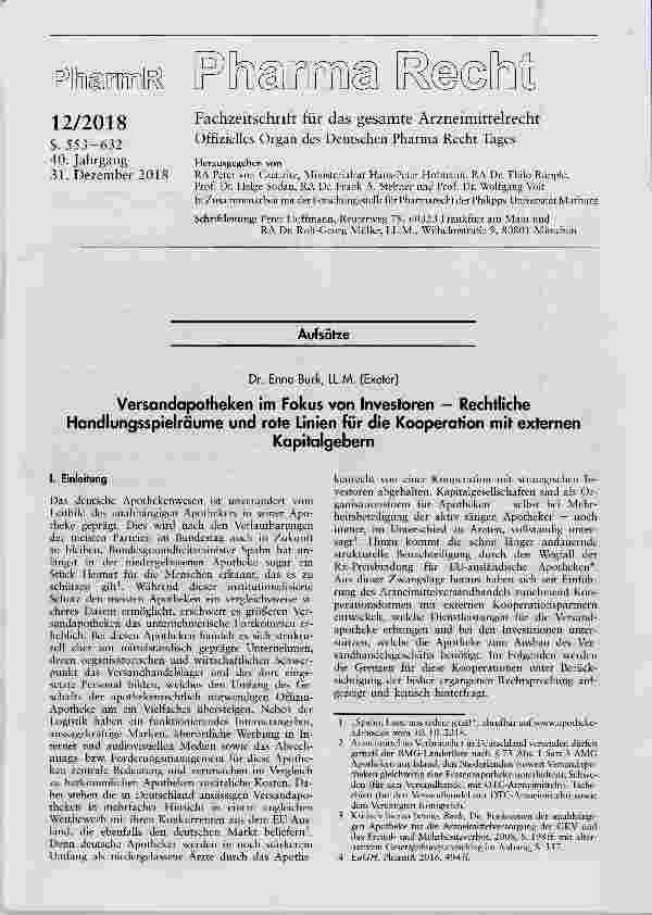 Vorschauseite 1: Versandapotheken im Fokus von Investoren Rechtliche Handlungsspielräume und rote Linien für die Kooperation mit externen Kapitalgebern