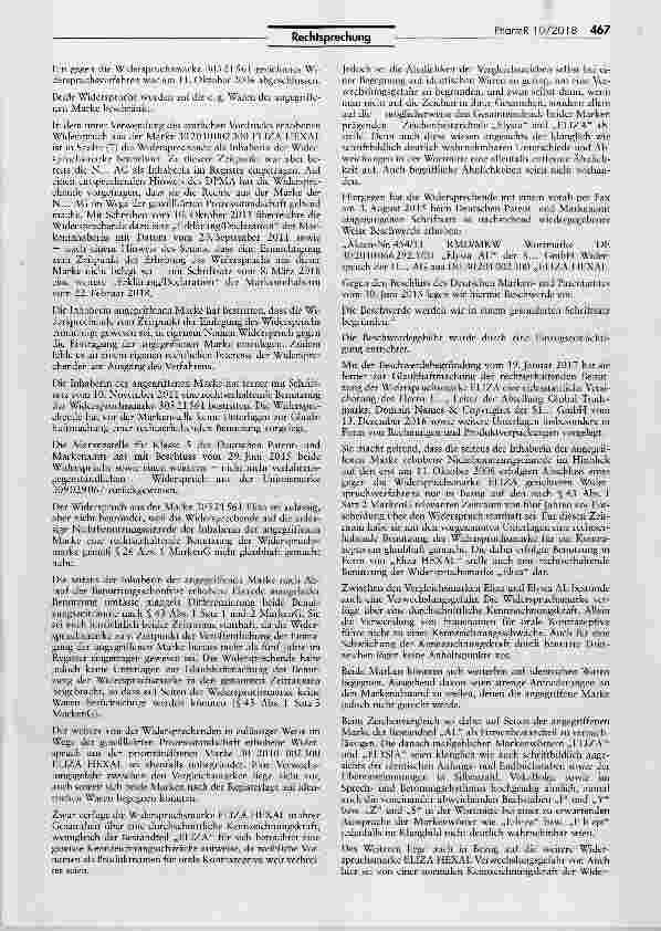 Vorschauseite 2: Verwechslungsgefahr zwischen Wortmarke „Elysia AL und Wortmarken „Eliza und „ELIZA HEXAL MarkenG §§ 9 I Nr. 2, 26 I, 42 II Nr. 1, 43 I 1; BGB
