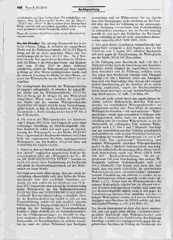 Vorschauseite 3: Verwechslungsgefahr zwischen Wortmarke „Elysia AL und Wortmarken „Eliza und „ELIZA HEXAL MarkenG §§ 9 I Nr. 2, 26 I, 42 II Nr. 1, 43 I 1; BGB
