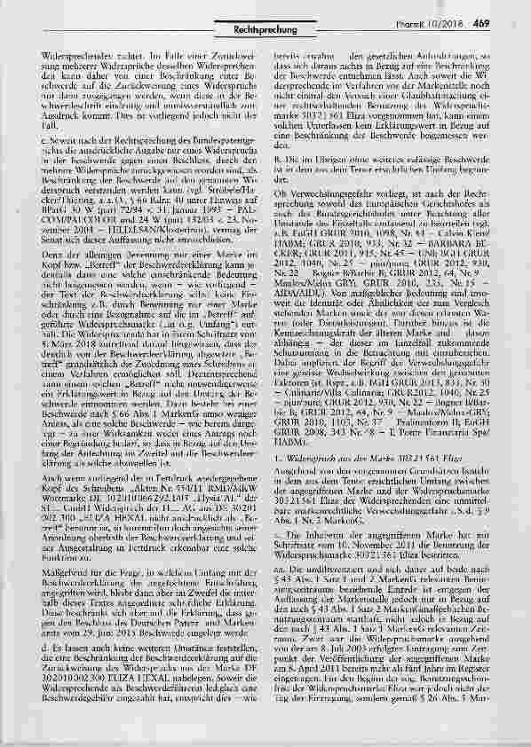 Vorschauseite 4: Verwechslungsgefahr zwischen Wortmarke „Elysia AL und Wortmarken „Eliza und „ELIZA HEXAL MarkenG §§ 9 I Nr. 2, 26 I, 42 II Nr. 1, 43 I 1; BGB