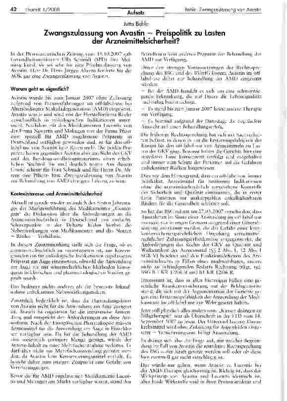 Vorschauseite 1: Zwangszulassung von Avastin - Preispolitik zu Lasten der Arzneimittelsicherheit?