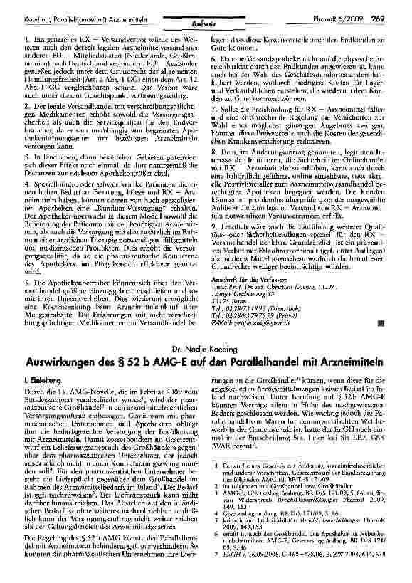 Vorschauseite 1: Auswirkungen des § 52 b AMG-E auf den Parallelhandel mit Arzneimitteln