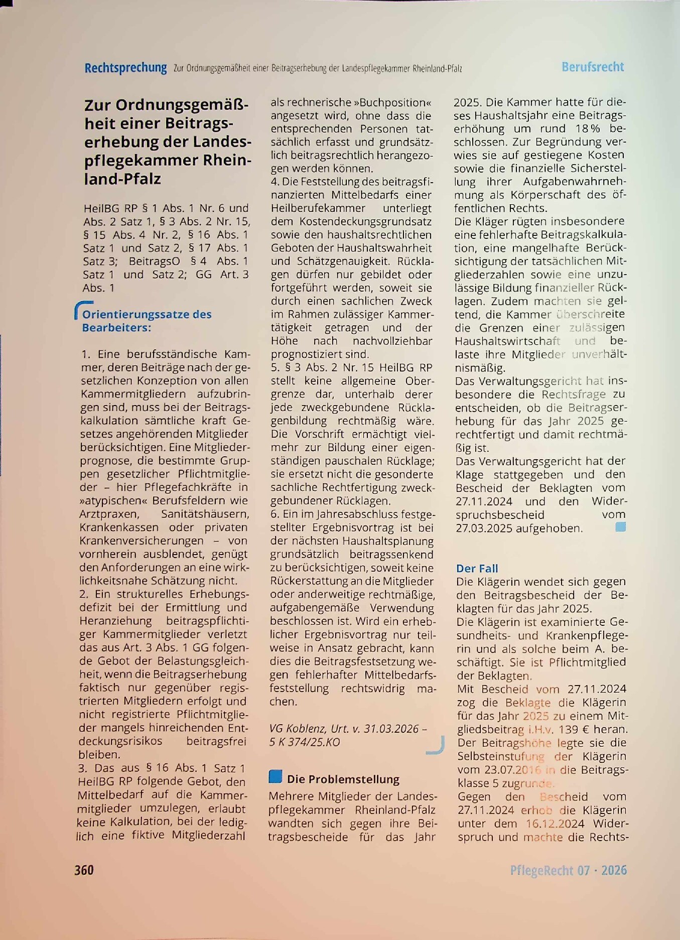 Vorschauseite 1: Zur Ordnungsgemäßheit einer Beitragserhebung der Landespflegekammer Rheinland-Pfalz