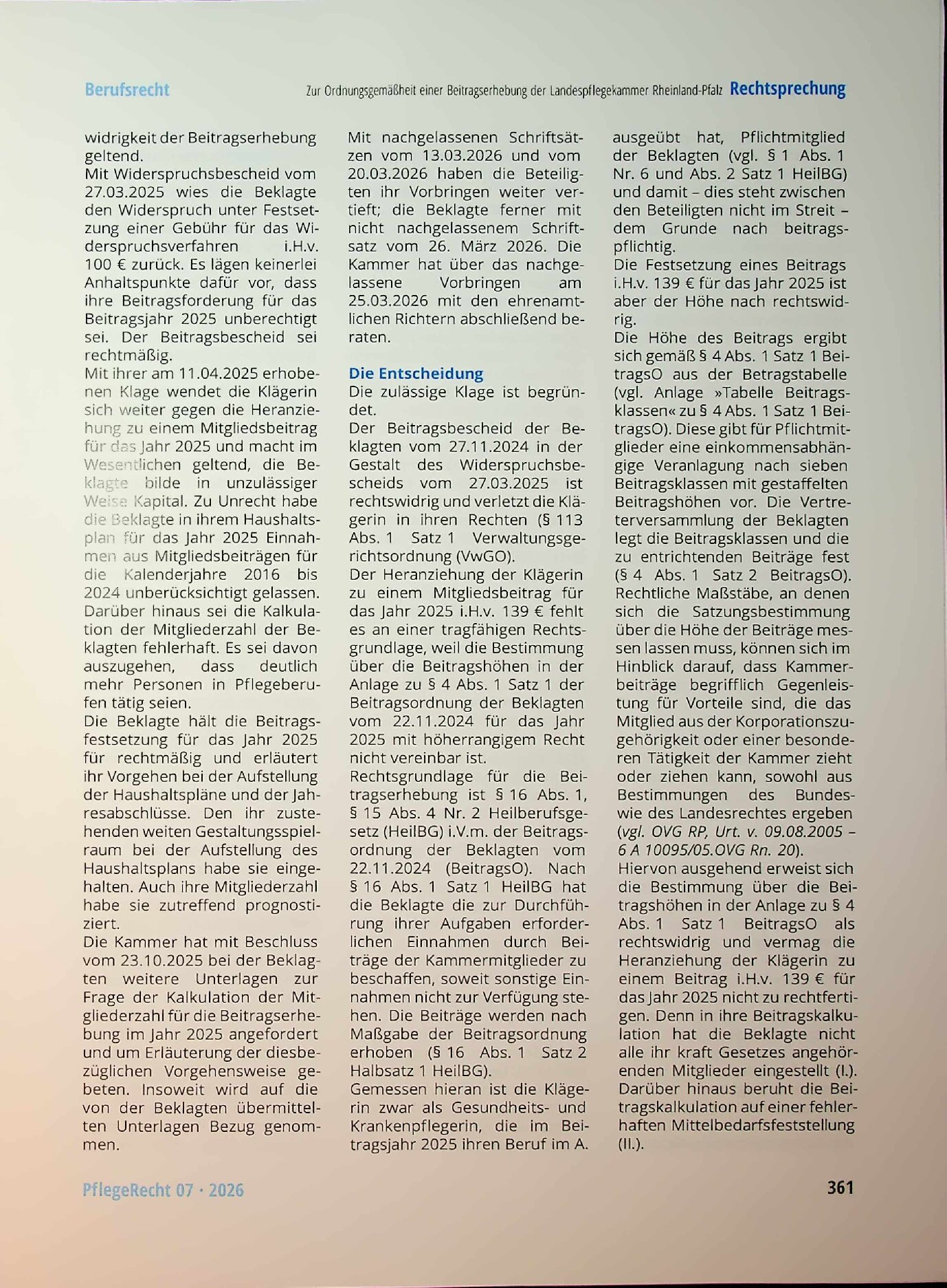 Vorschauseite 2: Zur Ordnungsgemäßheit einer Beitragserhebung der Landespflegekammer Rheinland-Pfalz