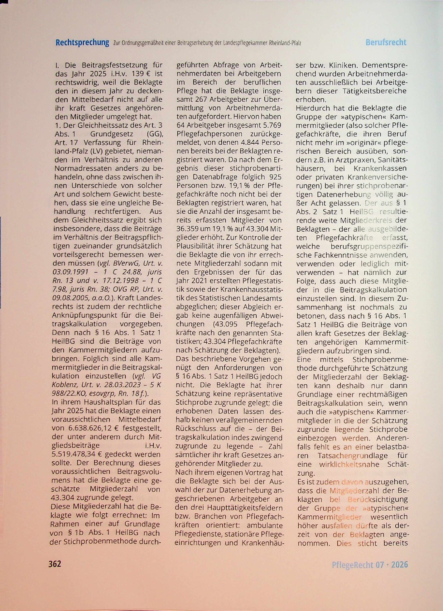 Vorschauseite 3: Zur Ordnungsgemäßheit einer Beitragserhebung der Landespflegekammer Rheinland-Pfalz