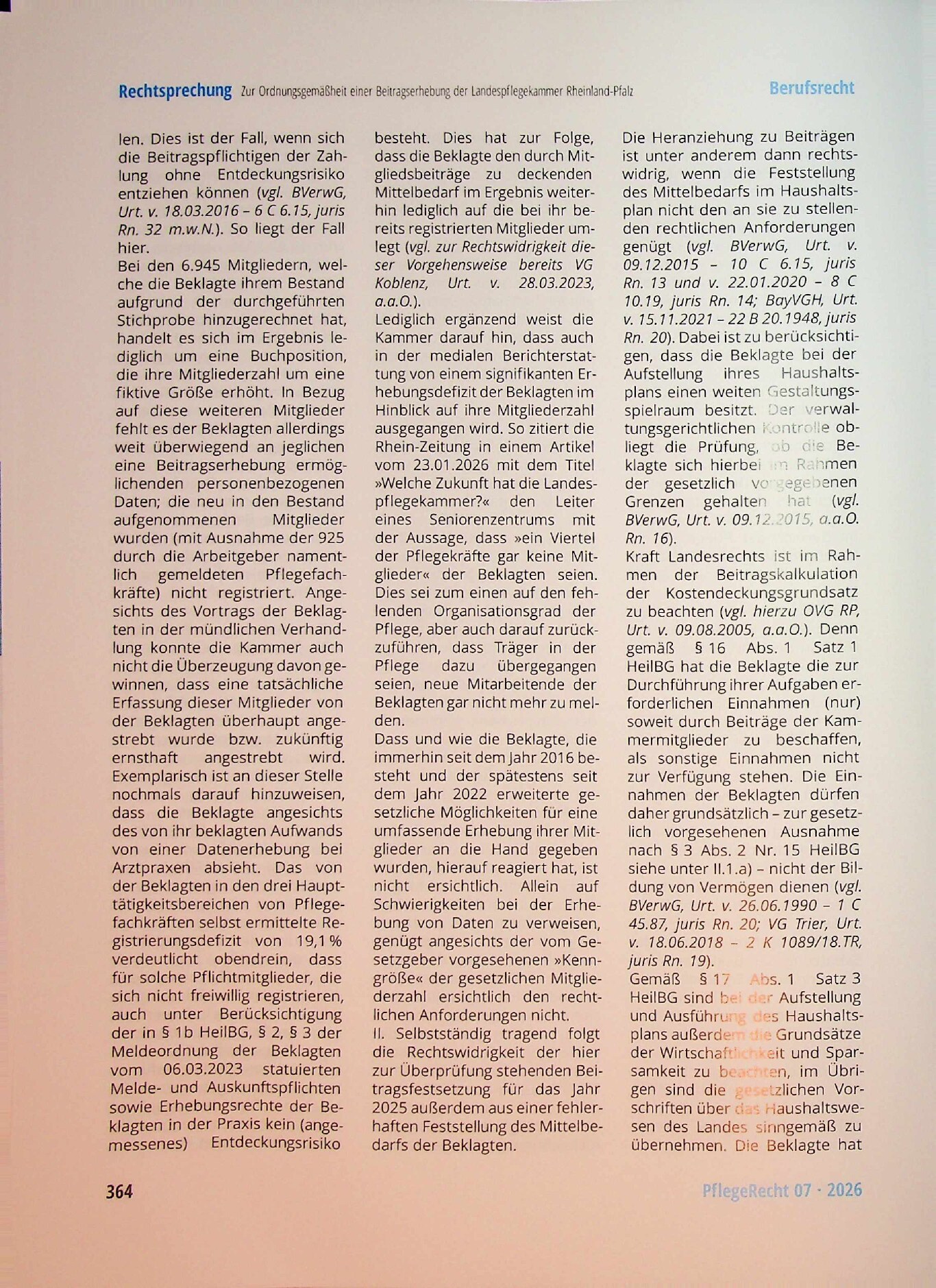 Vorschauseite 5: Zur Ordnungsgemäßheit einer Beitragserhebung der Landespflegekammer Rheinland-Pfalz