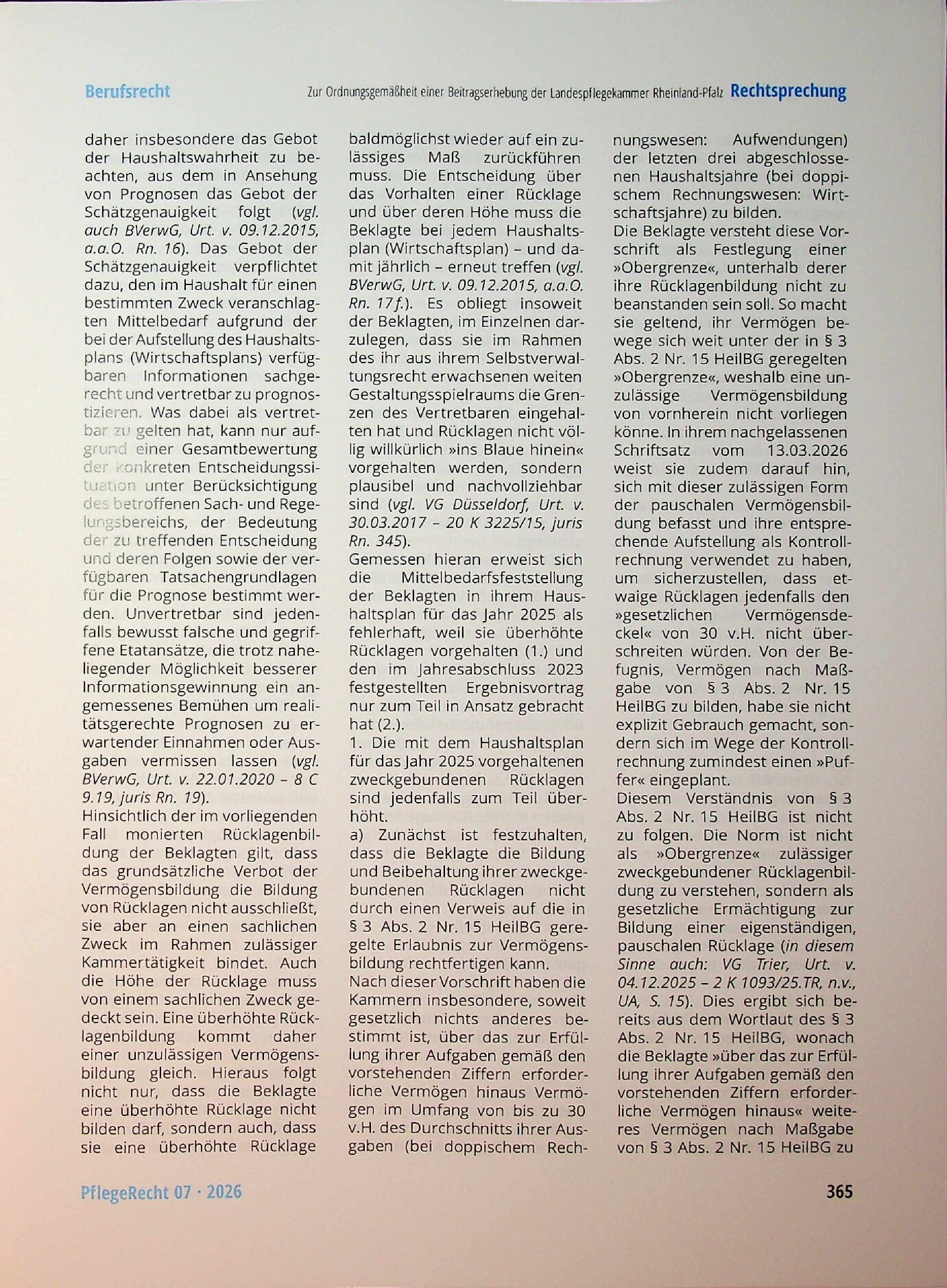 Vorschauseite 6: Zur Ordnungsgemäßheit einer Beitragserhebung der Landespflegekammer Rheinland-Pfalz