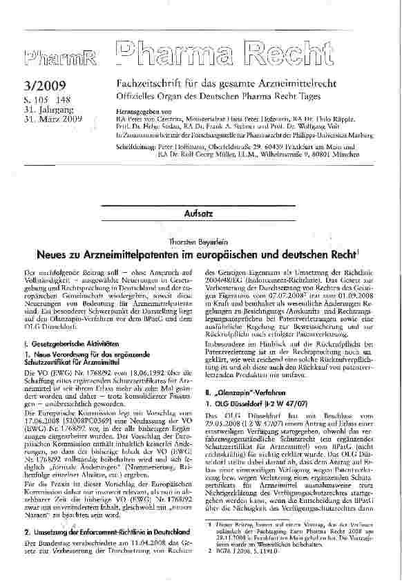 Vorschauseite 1: Neues zu Arzneimittelpatenten im europäischen und deutschen Recht1