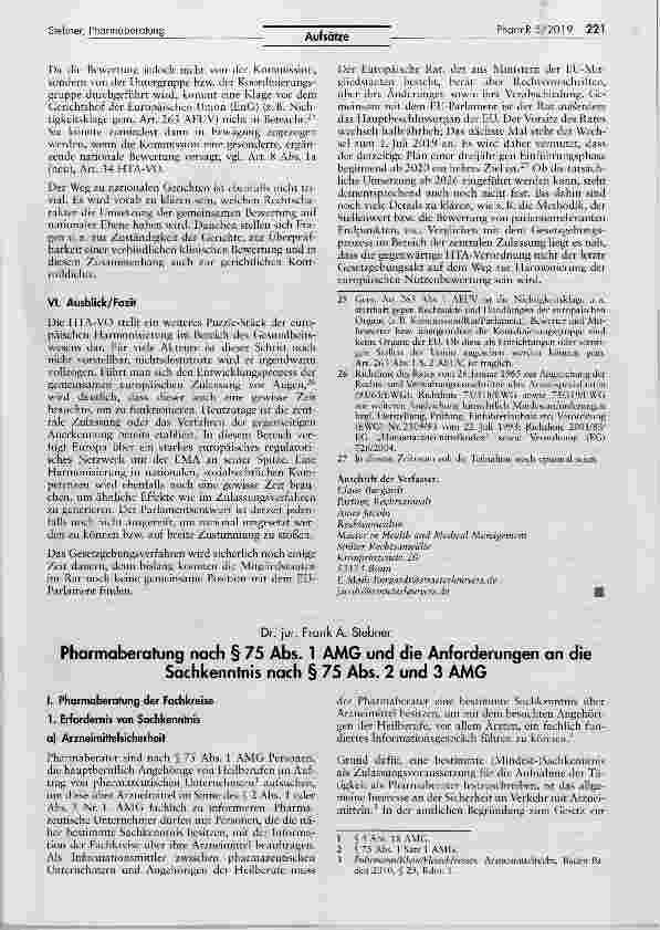 Vorschauseite 1: Pharmaberatung nach § 75 Abs. 1 AMG und die Anforderungen an die Sachkenntnis nach § 75 Abs. 2 und 3 AMG