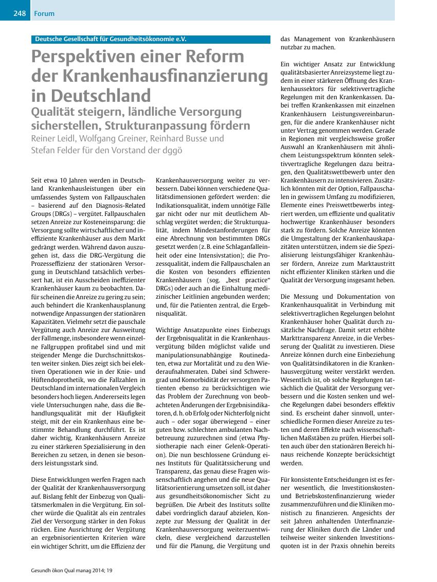 Vorschauseite 1: Deutsche Gesellschaft für Gesundheitsökonomie e. V. – Perspektiven einer Reform der Krankenhausfinanzierung in Deutschland
