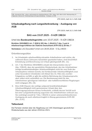 Vorschauseite 1: Urlaubsabgeltung nach Langzeiterkrankung – Auslegung von AGB