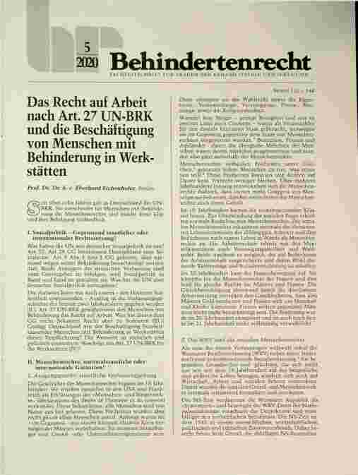 Vorschauseite 1: Das Recht auf Arbeit nach Art. 27 UN-BRK und die Beschäftigung von Menschen mit Behinderung in Werkstätten