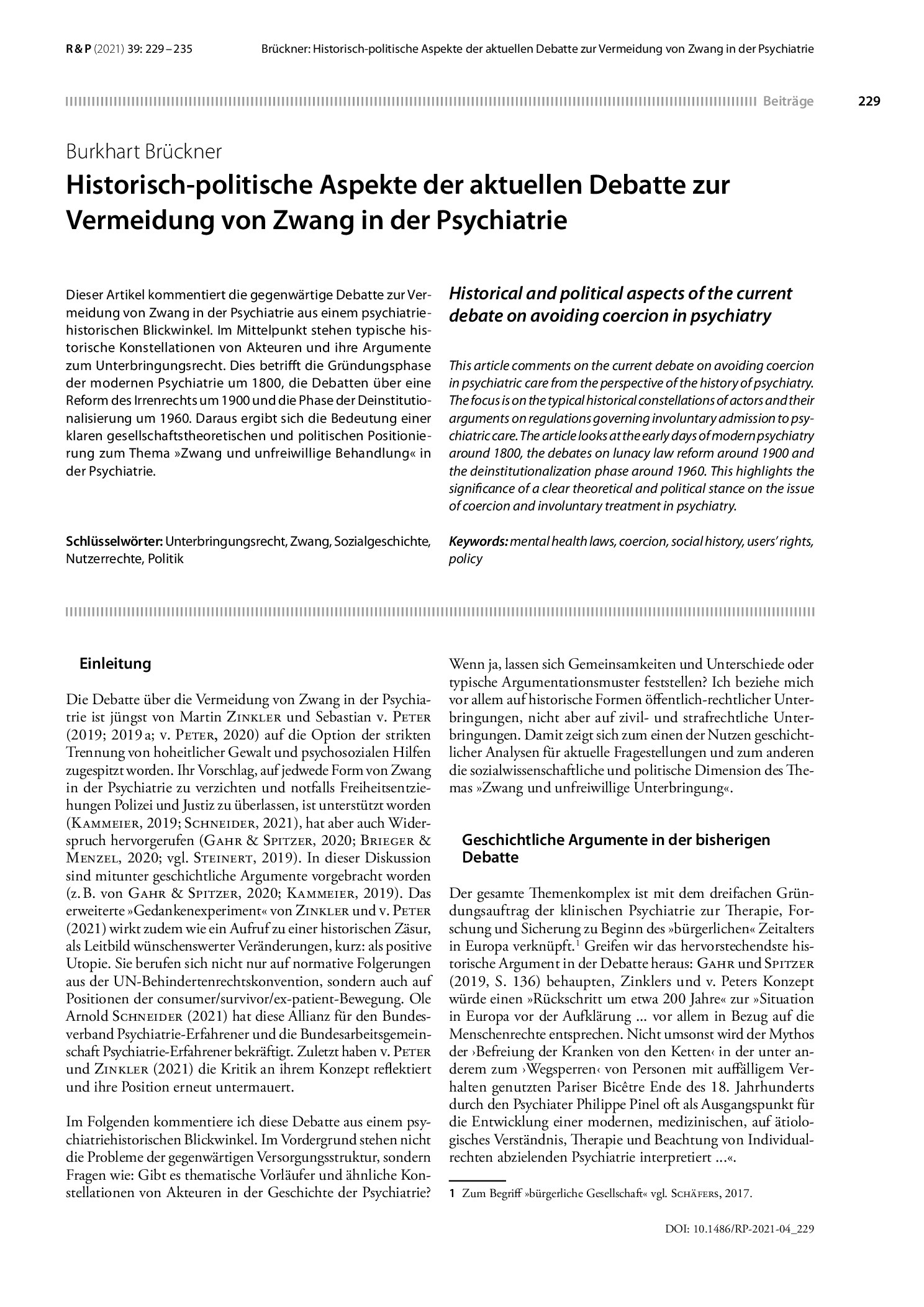 Vorschauseite 1: Historisch-politische Aspekte der aktuellen Debatte zur Vermeidung von Zwang in der Psychiatrie