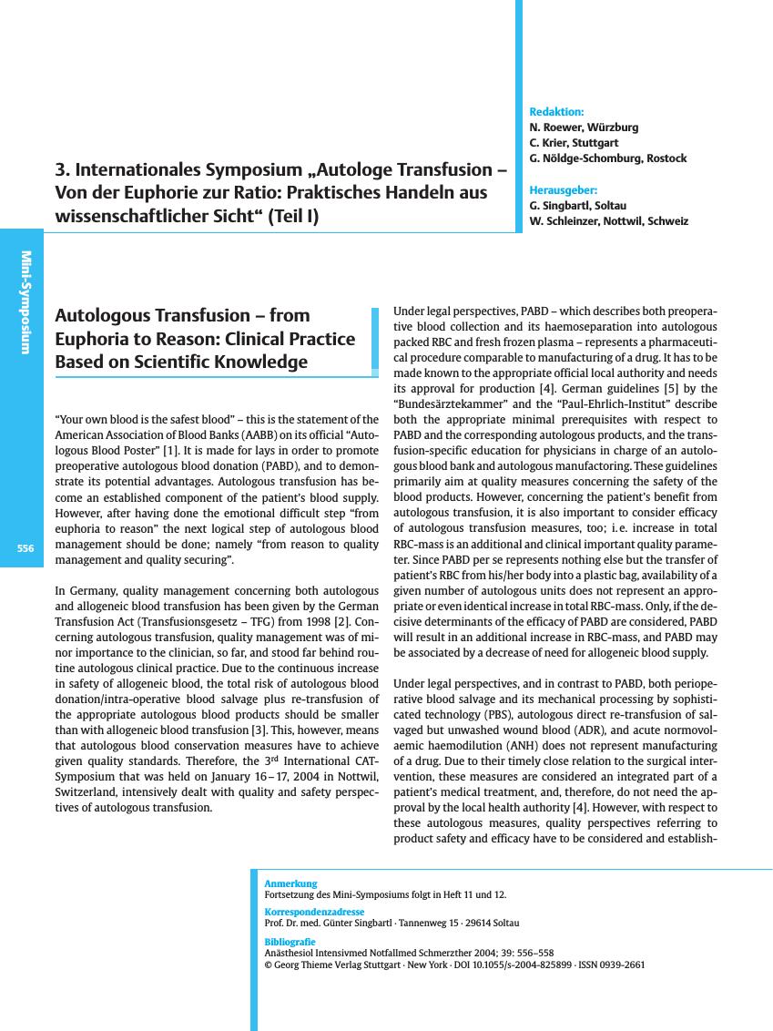Vorschauseite 1: 3. Internationales Symposium „Autologe Transfusion - Von der Euphorie zur Ratio: Praktisches Handeln aus wissenschaftlicher Sicht” (Teil I)