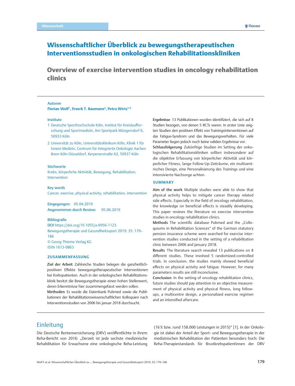 Vorschauseite 1: Wissenschaftlicher Überblick zu bewegungstherapeutischen Interventionsstudien in onkologischen Rehabilitationskliniken