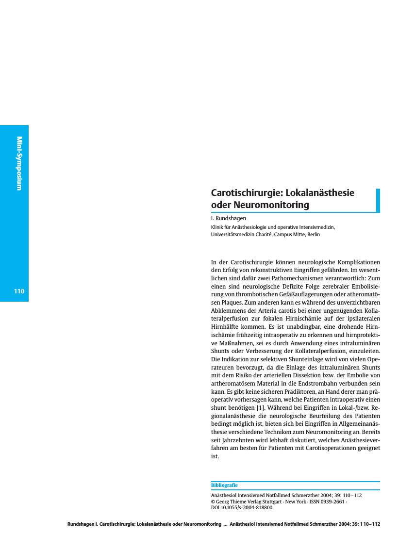 Vorschauseite 1: Carotischirurgie: Lokalanästhesie oder Neuromonitoring