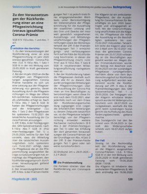 Vorschauseite 1: Zu den Voraussetzungen der Rückforderung einer an eine Pflegeeinrichtung (voraus-)gezahlten Corona-Prämie