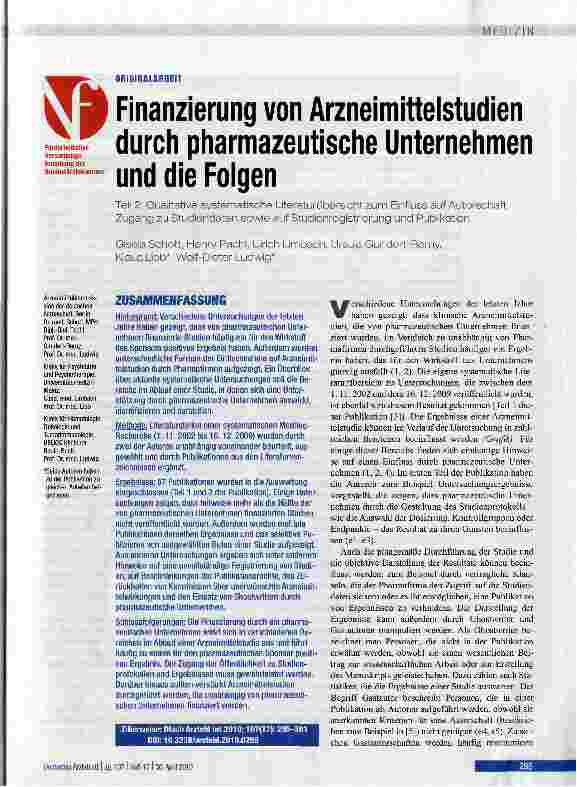 Vorschauseite 1: Finanzierung von Arzneimittelstudien durch pharmazeutische Unternehmen und die Folgen Teil 2: Qualitative systematische Literaturübersicht zum Einfluss auf Autorschaft, Zugang zu…