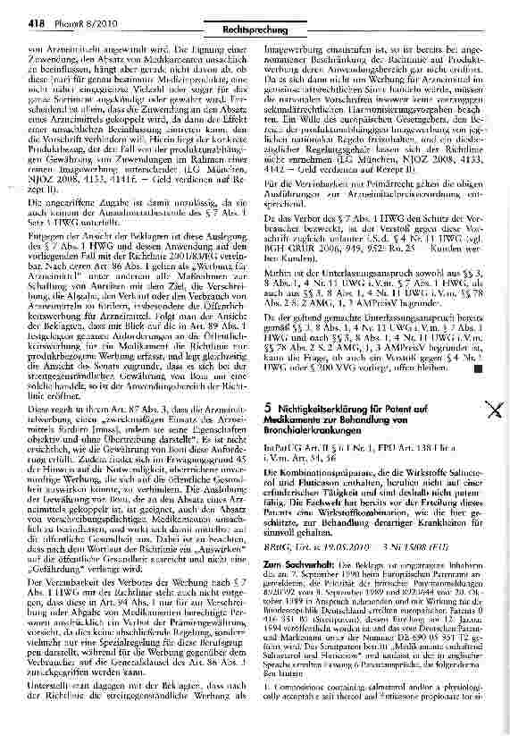 Vorschauseite 1: Nichtigkeitserklärung für Patent auf Medikamente zur Behandlung von Bronchialerkrankungen IntPatÜG Art. II $ 6 I Nr. 1, EPÜ Art. 138 I lit a i.V.m. Art. 54, 56