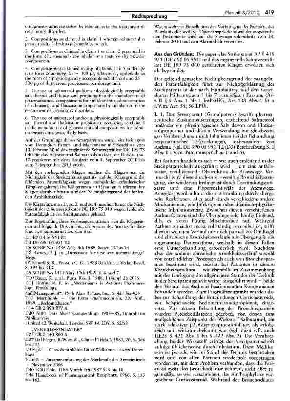 Vorschauseite 2: Nichtigkeitserklärung für Patent auf Medikamente zur Behandlung von Bronchialerkrankungen IntPatÜG Art. II $ 6 I Nr. 1, EPÜ Art. 138 I lit a i.V.m. Art. 54, 56