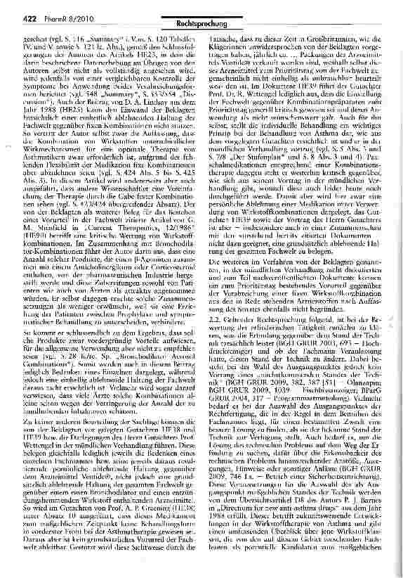 Vorschauseite 5: Nichtigkeitserklärung für Patent auf Medikamente zur Behandlung von Bronchialerkrankungen IntPatÜG Art. II $ 6 I Nr. 1, EPÜ Art. 138 I lit a i.V.m. Art. 54, 56