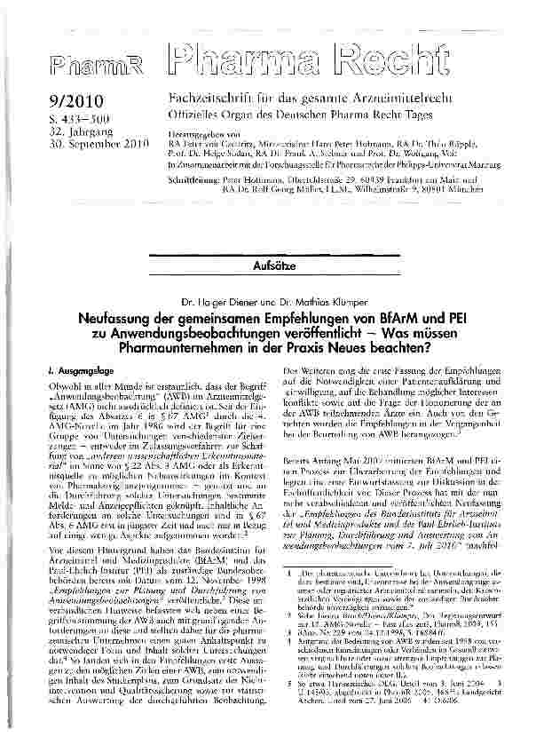 Vorschauseite 1: Neufassung der gemeinsamen Empfehlungen von BfArM und PEI zu Anwendungsbeobachtungen veröffentlicht - Was müssenPharmaunternehmen in der Praxis Neues beachten?