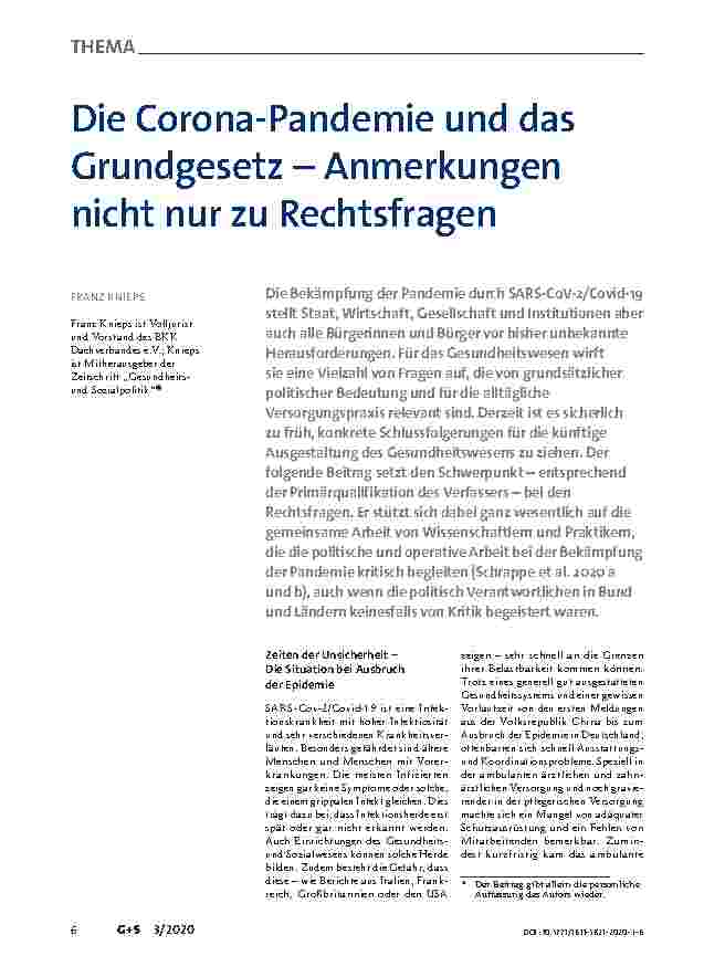 Vorschauseite 1: Die Corona-Pandemie und das Grundgesetz – Anmerkungen nicht nur zu Rechtsfragen