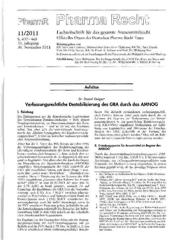 Vorschauseite 1: Verfassungsrechtliche Destabilisierung des GBA durch das AMNOG