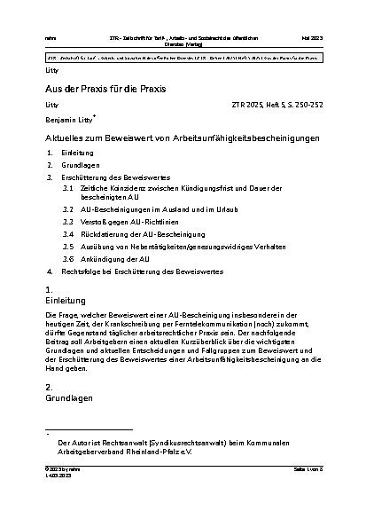 Vorschauseite 1: Aktuelles zum Beweiswert von Arbeitsunfähigkeitsbescheinigungen