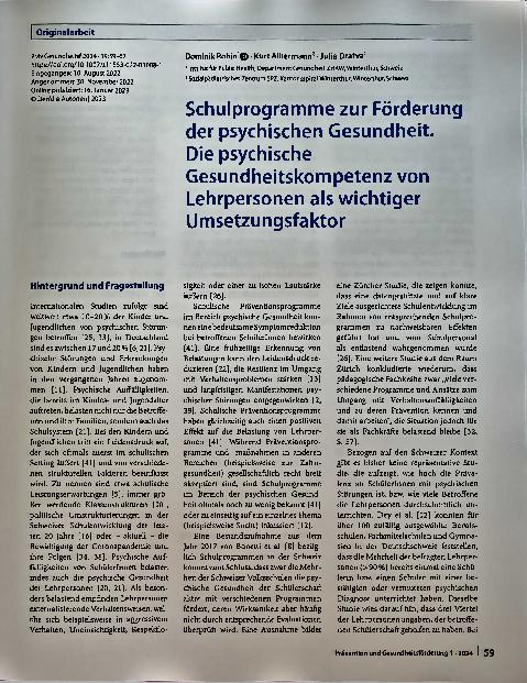 Vorschauseite 1: Schulprogramme zur Förderung der psychischen Gesundheit. Die psychische Gesundheitskompetenz von Lehrpersonen als wichtiger Umsetzungsfaktor.
