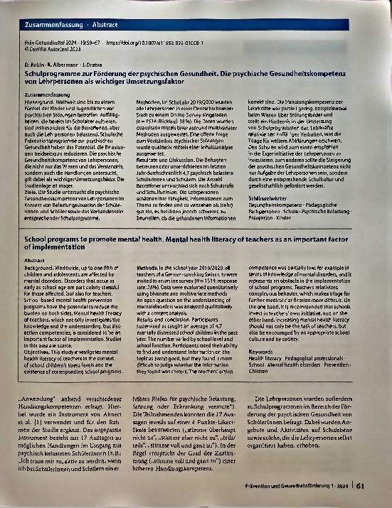 Vorschauseite 3: Schulprogramme zur Förderung der psychischen Gesundheit. Die psychische Gesundheitskompetenz von Lehrpersonen als wichtiger Umsetzungsfaktor.