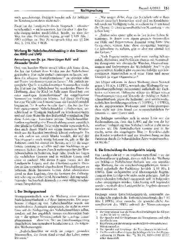 Vorschauseite 3: Unlautere Publikumswerbung einer privaten Nabelschnurblutbank HWG § 10 HWG i.V. mit AMG § 2; UWG §$ 3 I, 5 I Nr. 1