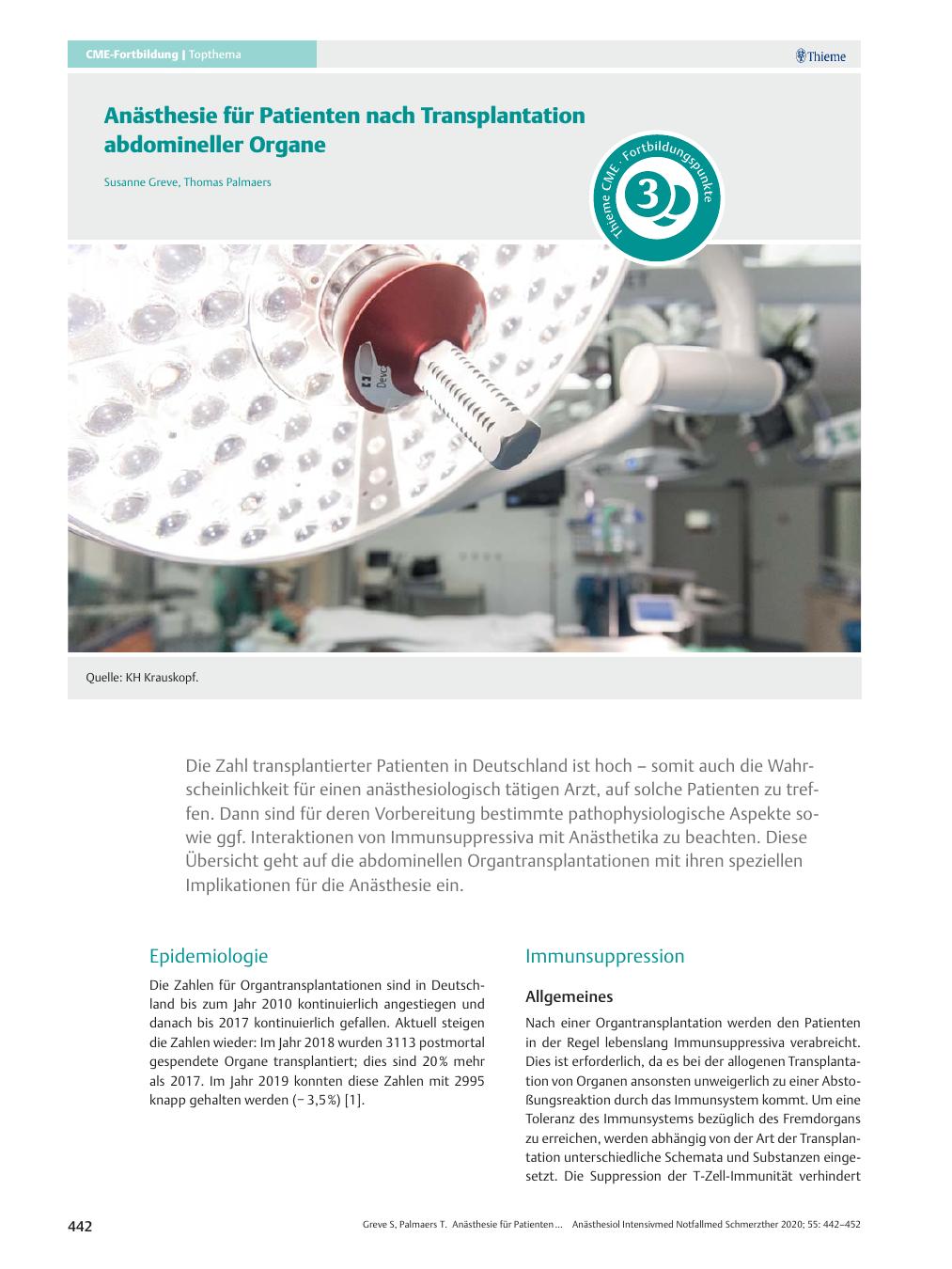 Vorschauseite 1: Anästhesie für Patienten nach Transplantation abdominaler Organe