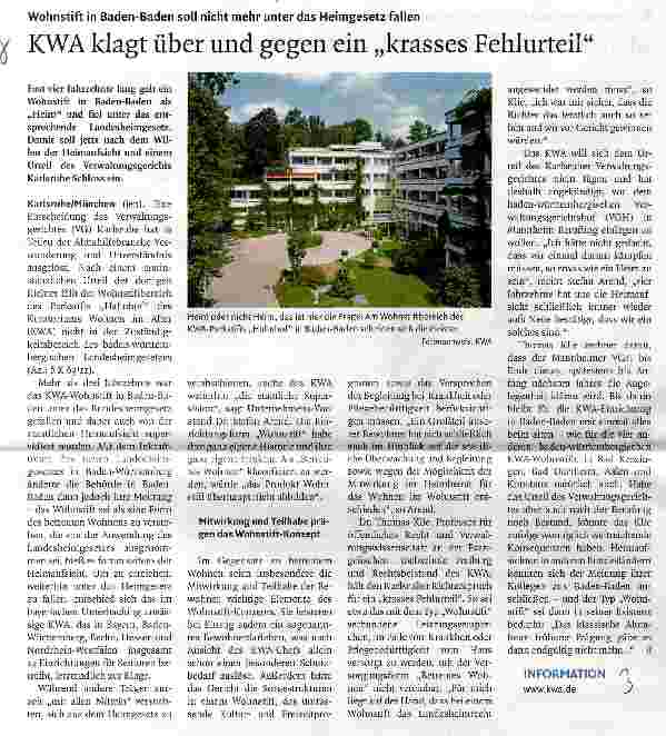 Vorschauseite 1: KWA klagt über und gegen ein „krasses Fehlurteil