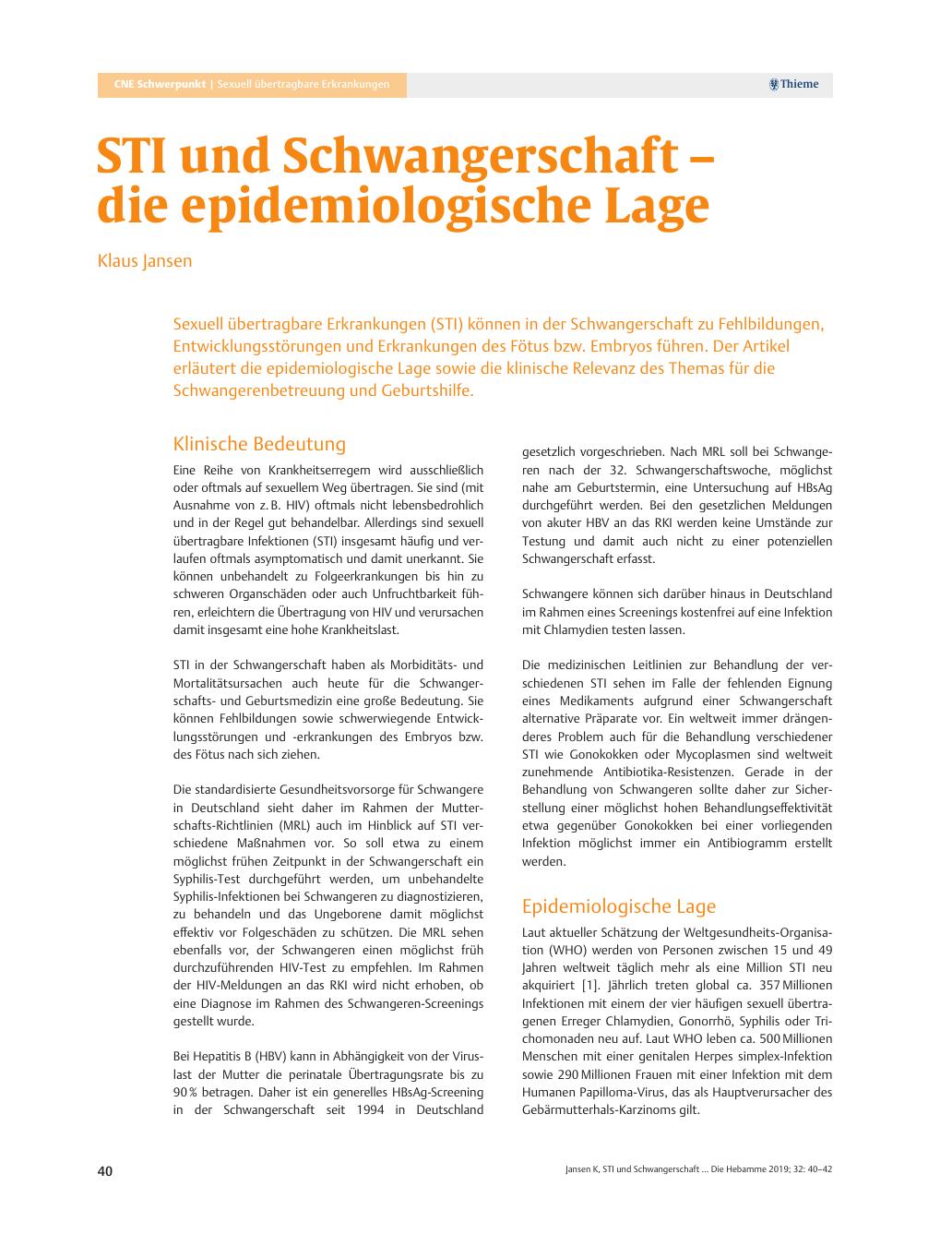Vorschauseite 1: STI und Schwangerschaft ? die epidemiologische Lage