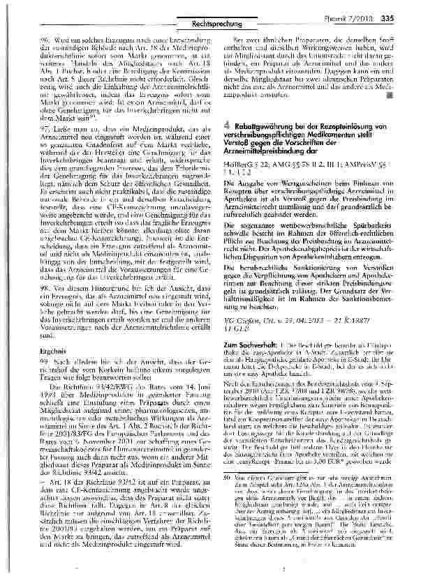 Vorschauseite 1: Rabattgewährung bei der Rezepteinlösung von verschreibungspflichtigen Medikamenten stellt Verstoß gegen die Vorschriften der Arzneimittelpreisbindung dar